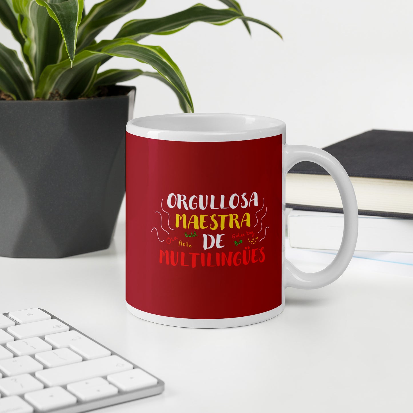 Taza blanca brillante Profesora Multilingüe (Español).
