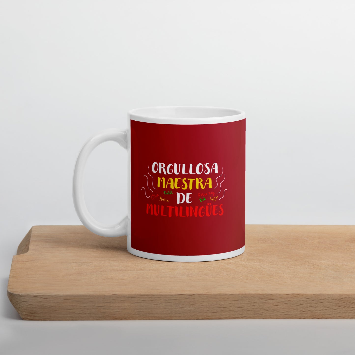 Taza blanca brillante Profesora Multilingüe (Español).