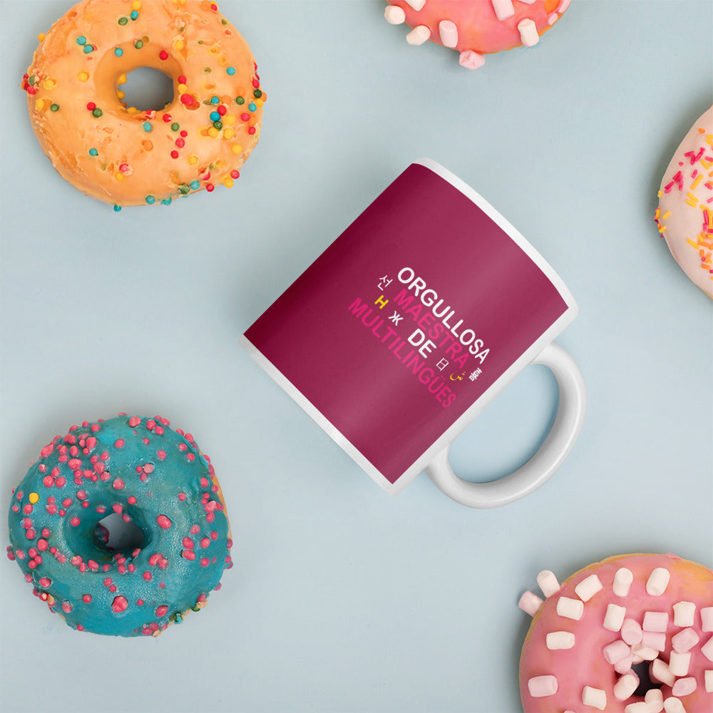 Taza blanca brillante Profesora Multilingüe (Español).