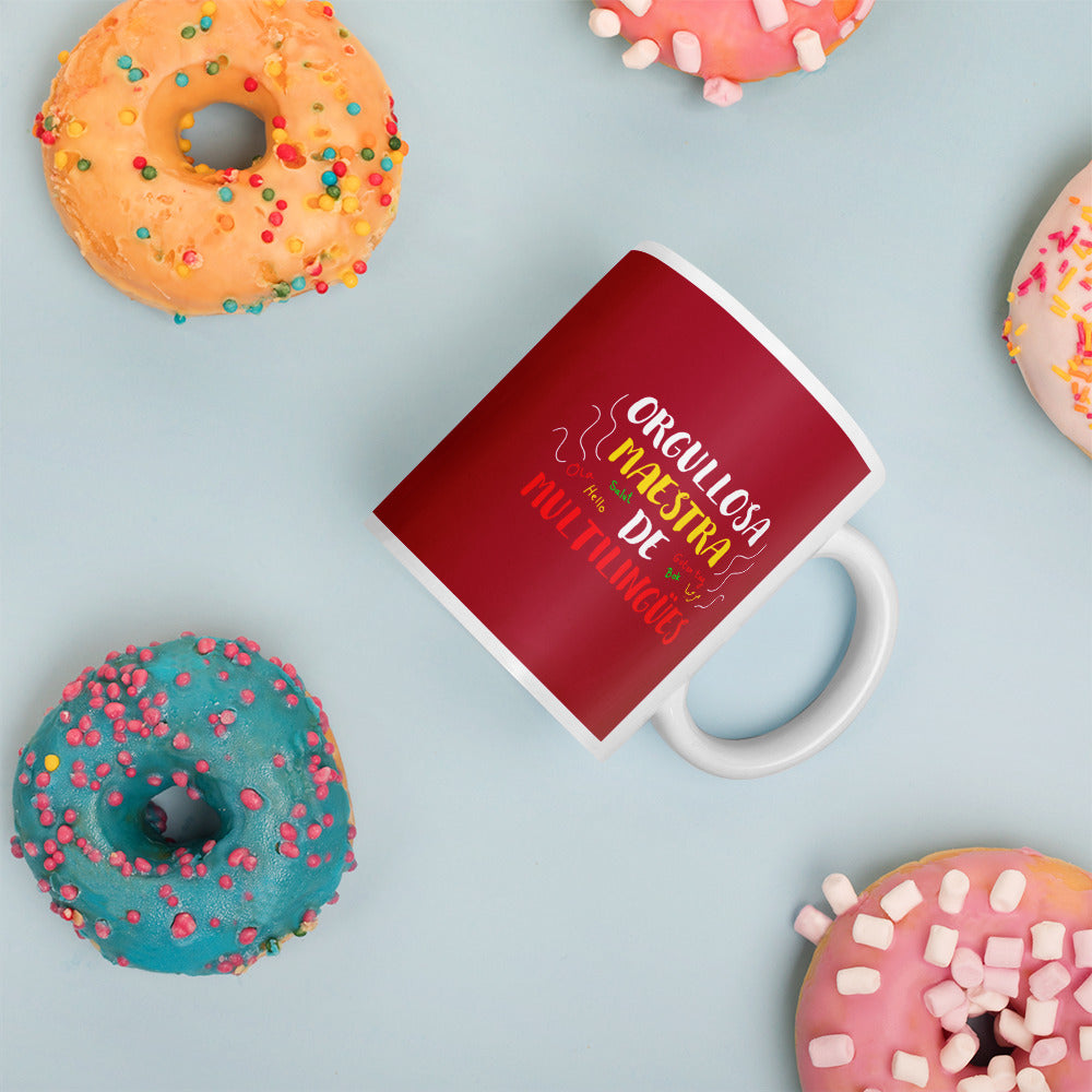 Taza blanca brillante Profesora Multilingüe (Español).