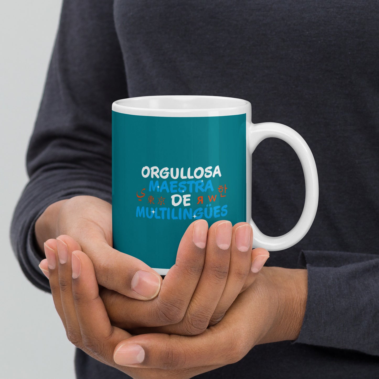Taza blanca brillante Profesora Multilingüe (Español).