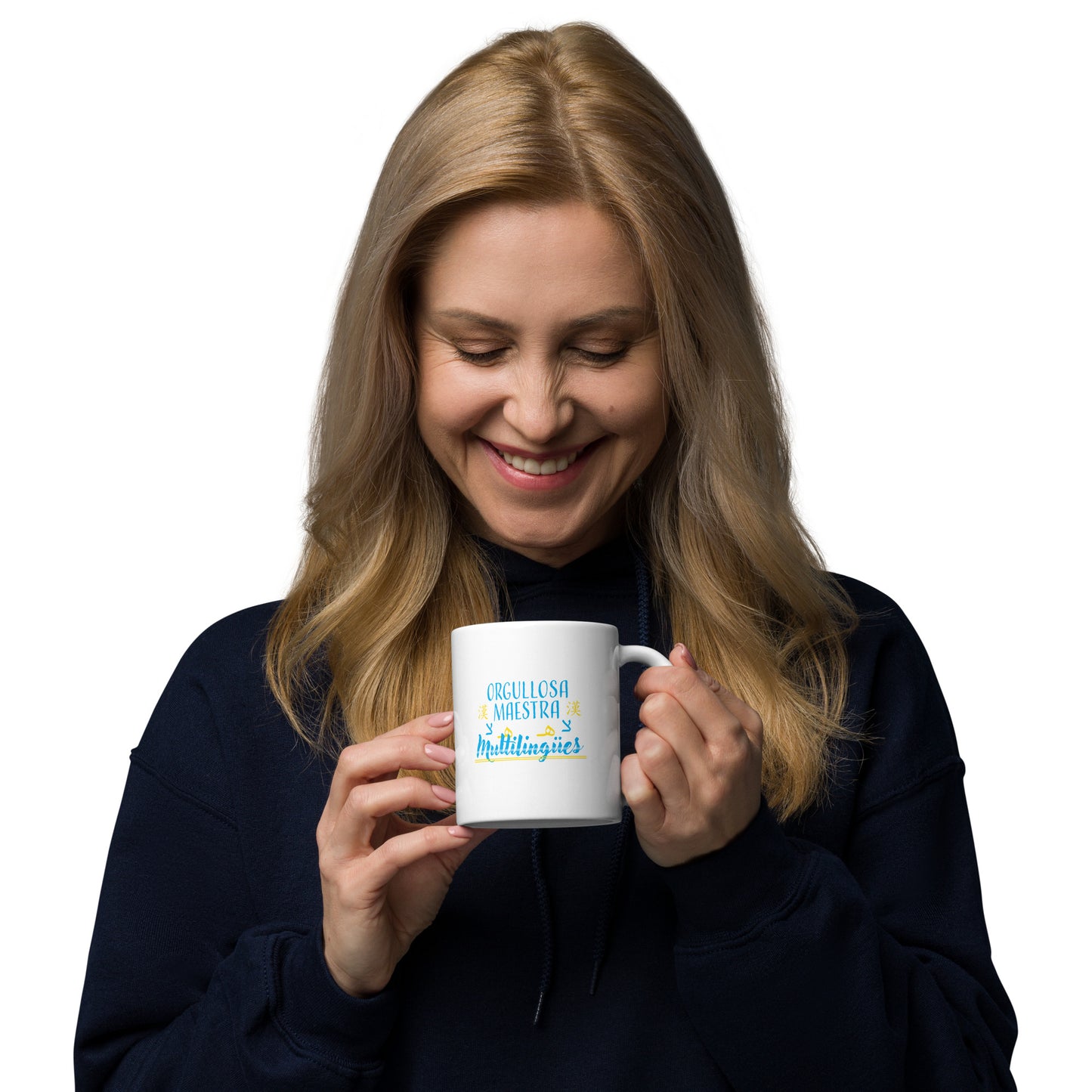 Taza blanca brillante Profesora Multilingüe (Español).