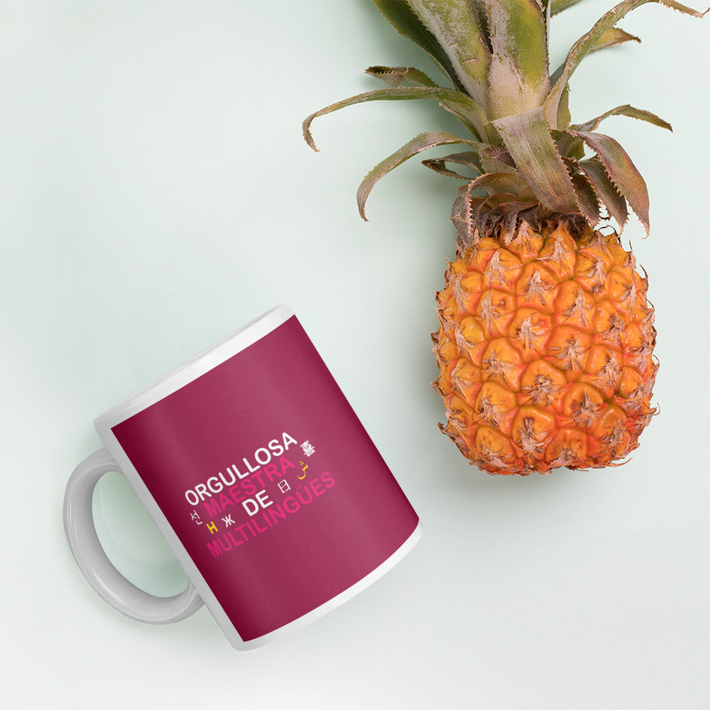 Taza blanca brillante Profesora Multilingüe (Español).