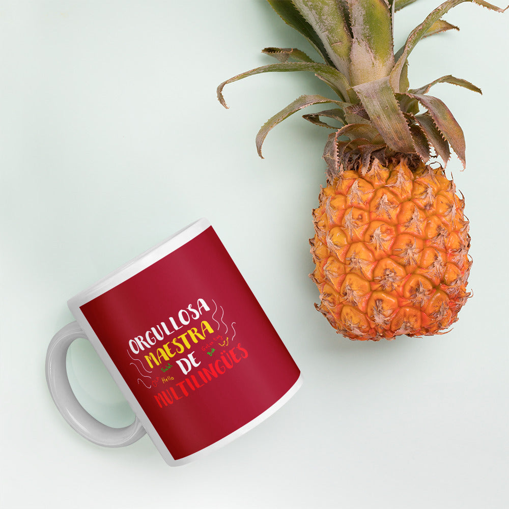 Taza blanca brillante Profesora Multilingüe (Español).