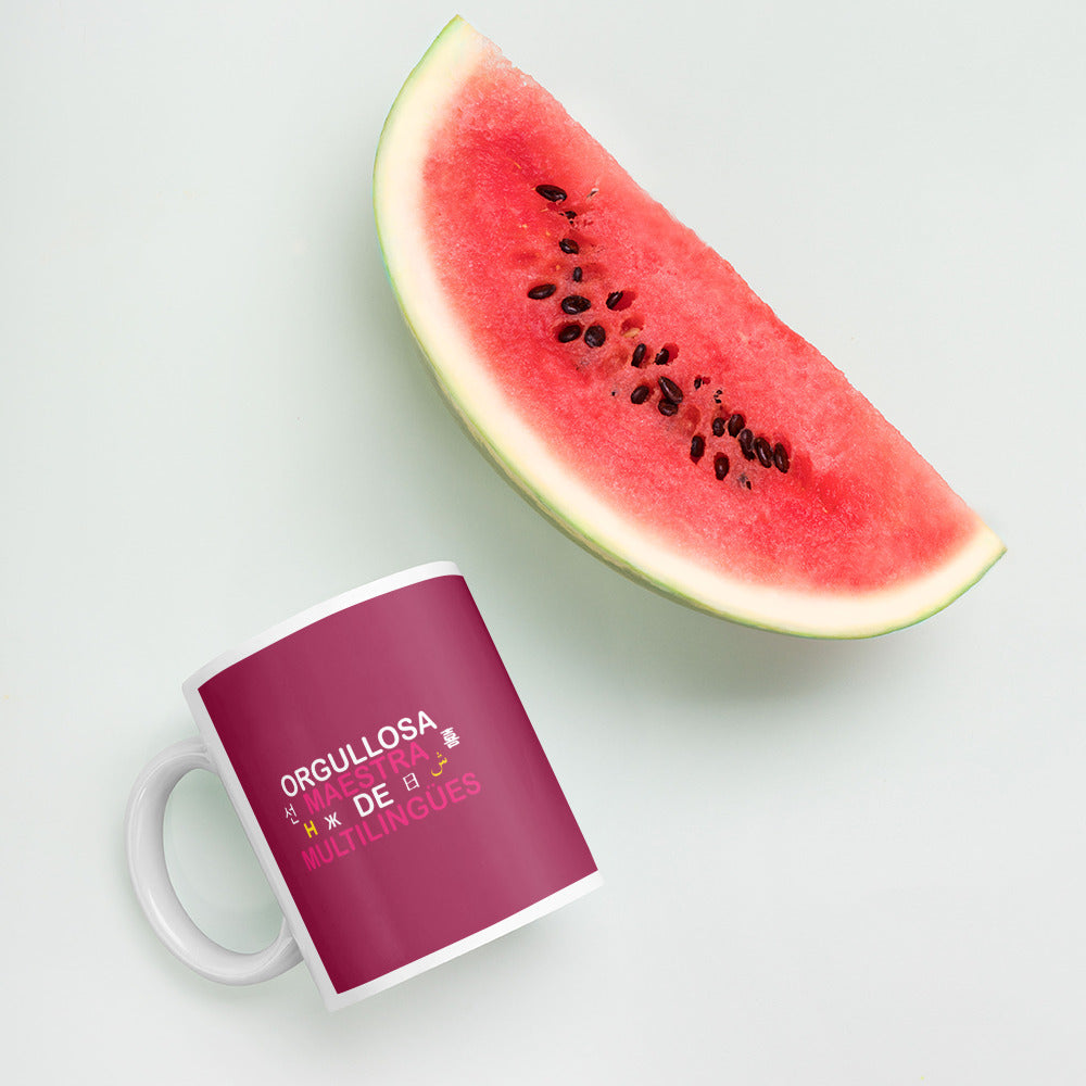 Taza blanca brillante Profesora Multilingüe (Español).