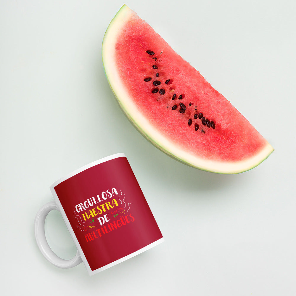 Taza blanca brillante Profesora Multilingüe (Español).