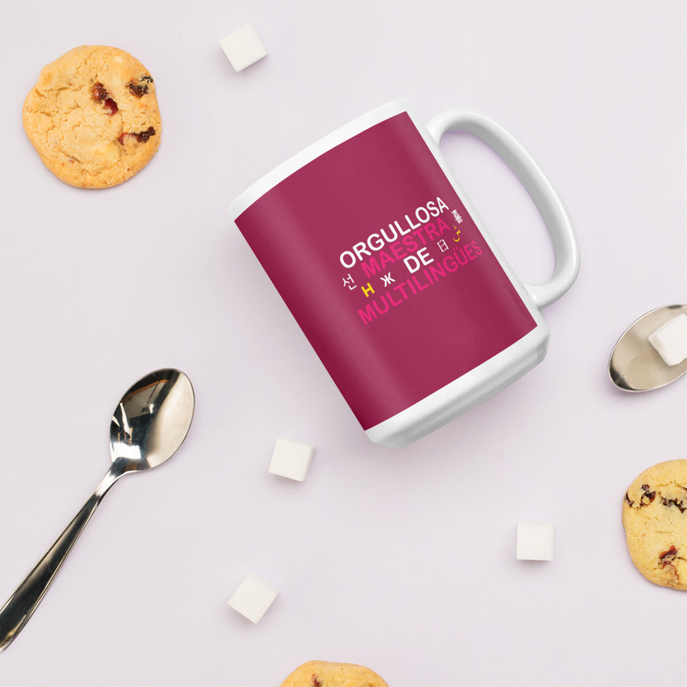 Taza blanca brillante Profesora Multilingüe (Español).