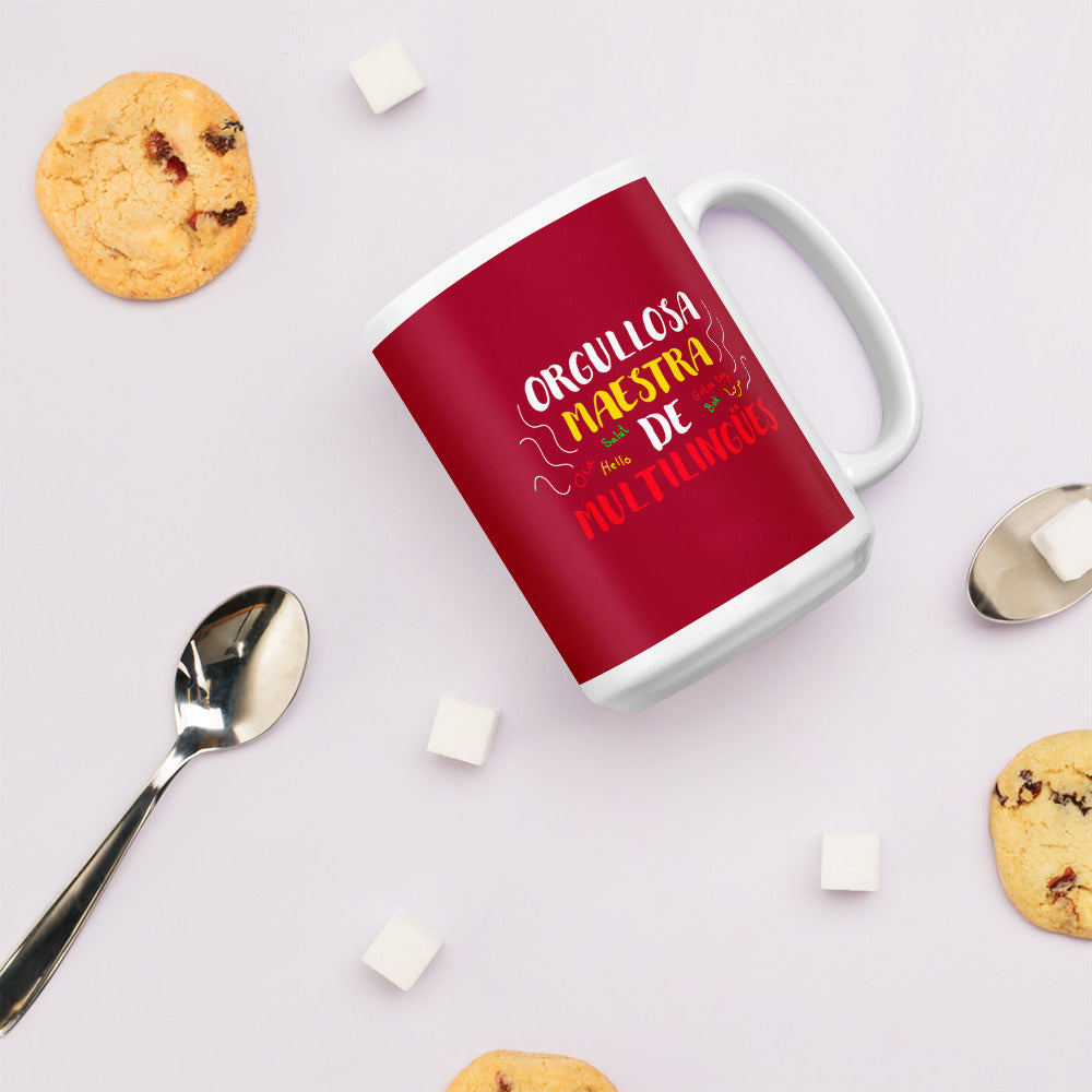 Taza blanca brillante Profesora Multilingüe (Español).
