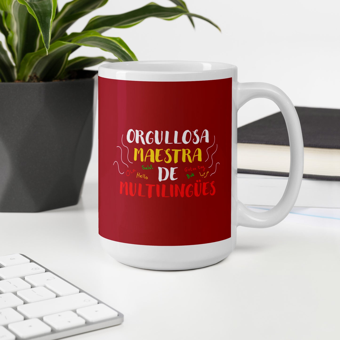 Taza blanca brillante Profesora Multilingüe (Español).